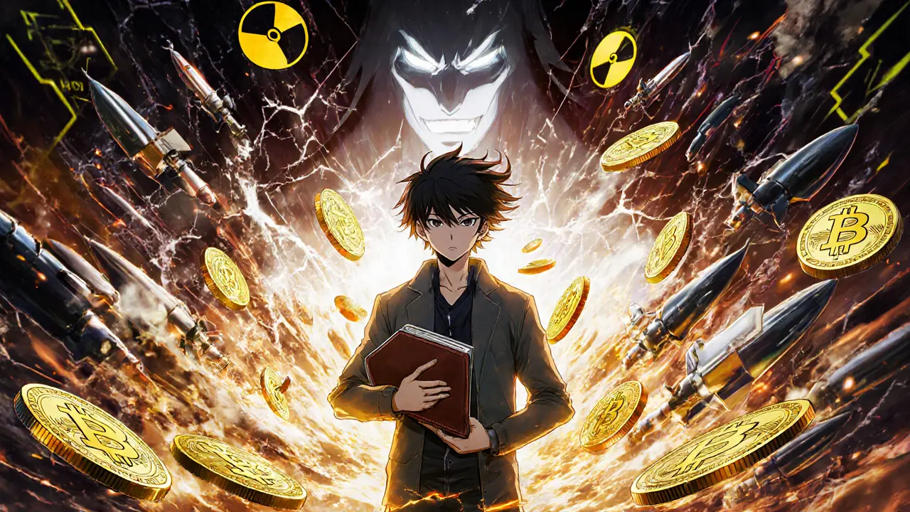 A crypto user holding a hardware wallet as stolen Bitcoin transforms into missiles in a dark vortex.