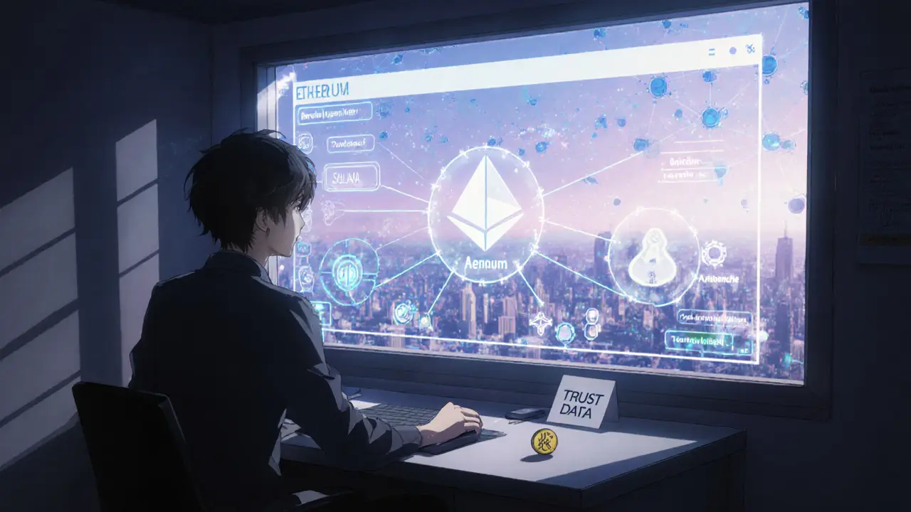 A developer watching cross-chain data flow on a holographic dashboard, surrounded by tech and quiet determination.