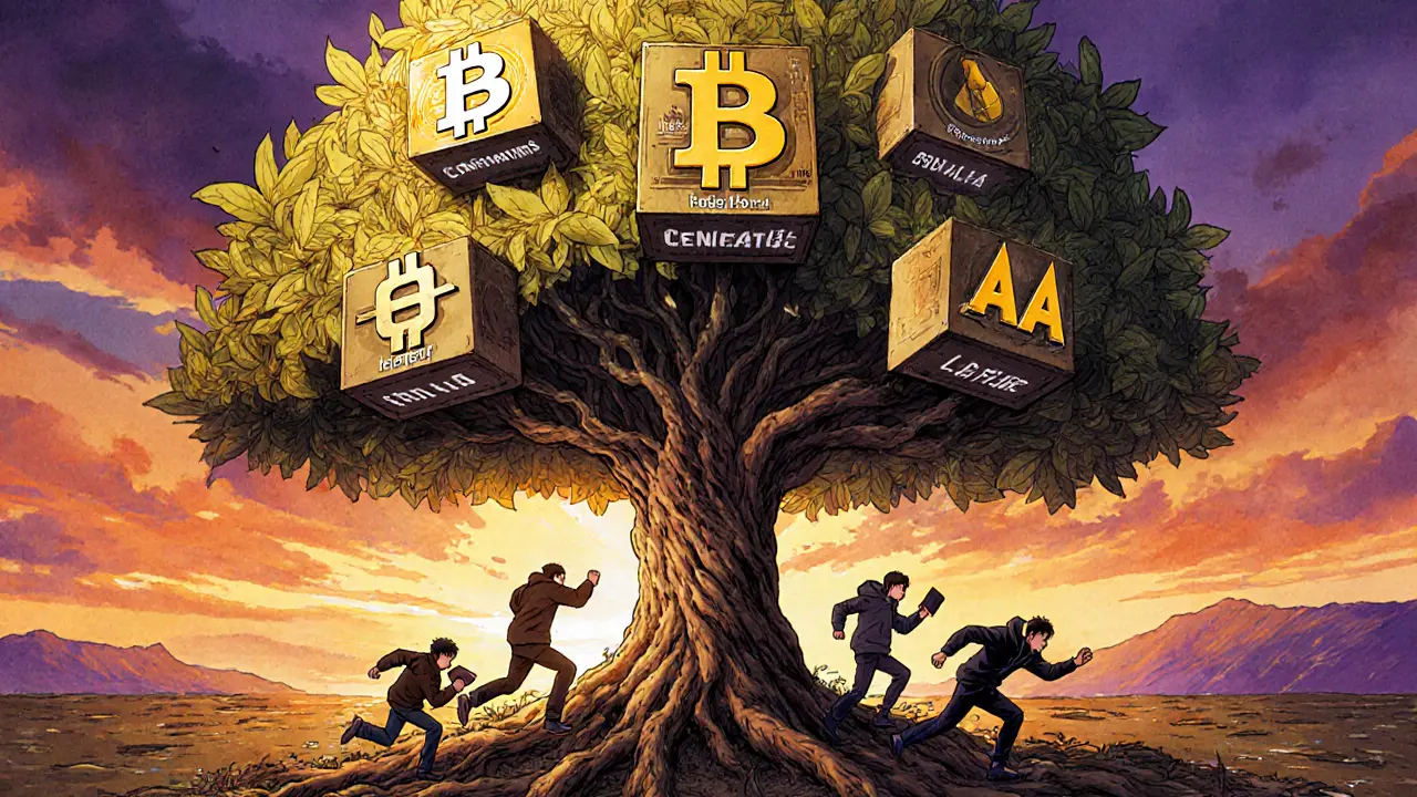 A digital blockchain tree with glowing confirmations at its top, while users struggle with low fees below.