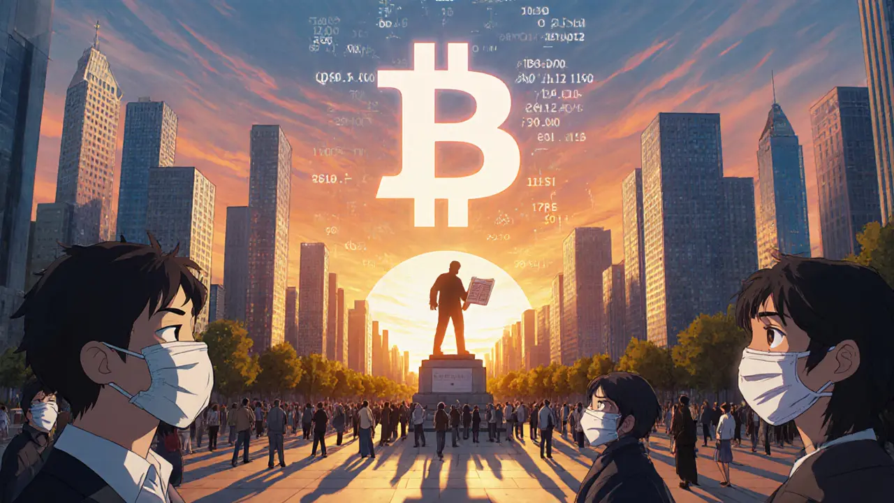 A futuristic city skyline displays the genesis block timestamp as a hologram, citizens gather at a memorial plaza below.