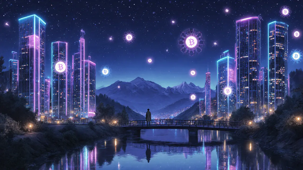 A futuristic Crypto Valley at night with floating token icons and illuminated startup buildings.