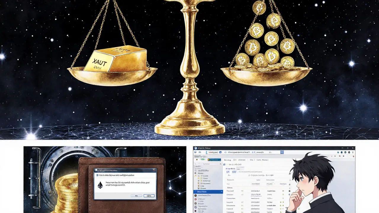 A giant golden scale balances a physical gold bar against countless digital XAUt tokens in a cosmic void.
