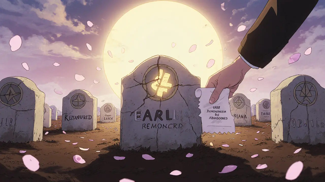 A graveyard of failed memecoins with EARL&#039;s tombstone glowing faintly under falling petals.