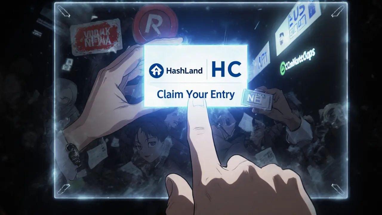 A hand clicks a button on a hologram, reflecting the future NFT while fake sites fade in shadows.