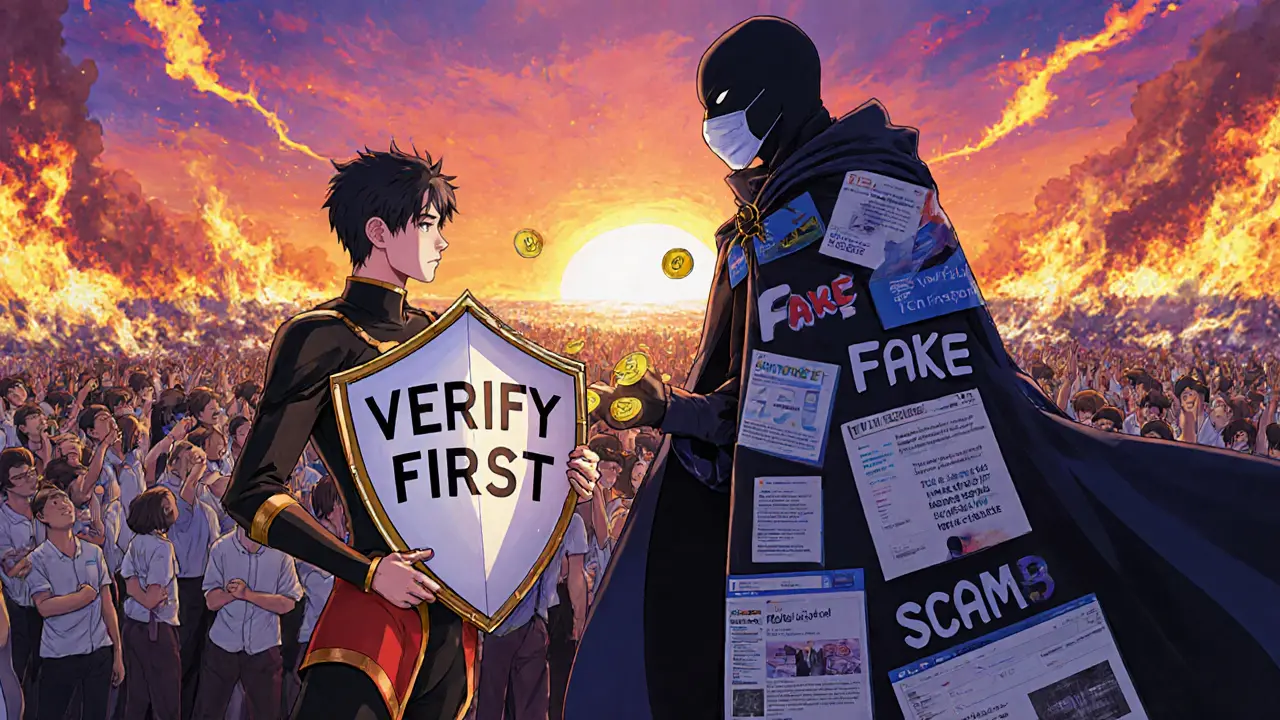 A hero blocks scammer from victims, shielding them with a &#039;Verify First&#039; shield amid burning fake sites.