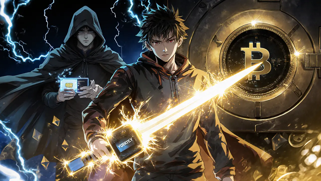 A hero wielding a glowing YubiKey to block a hacker from stealing crypto assets.