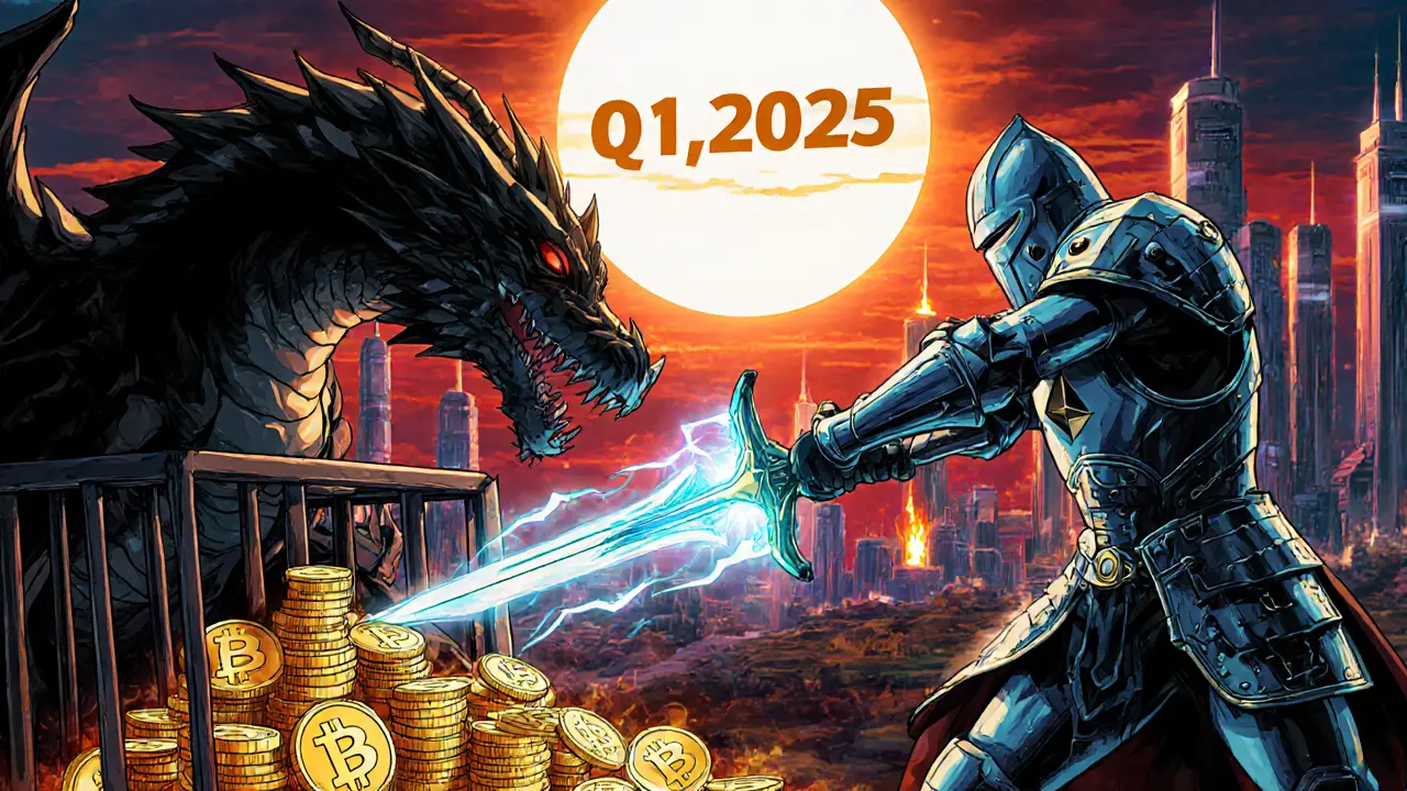 A heroic eBTC knight battles a centralized exchange dragon in a cyberpunk blockchain landscape.