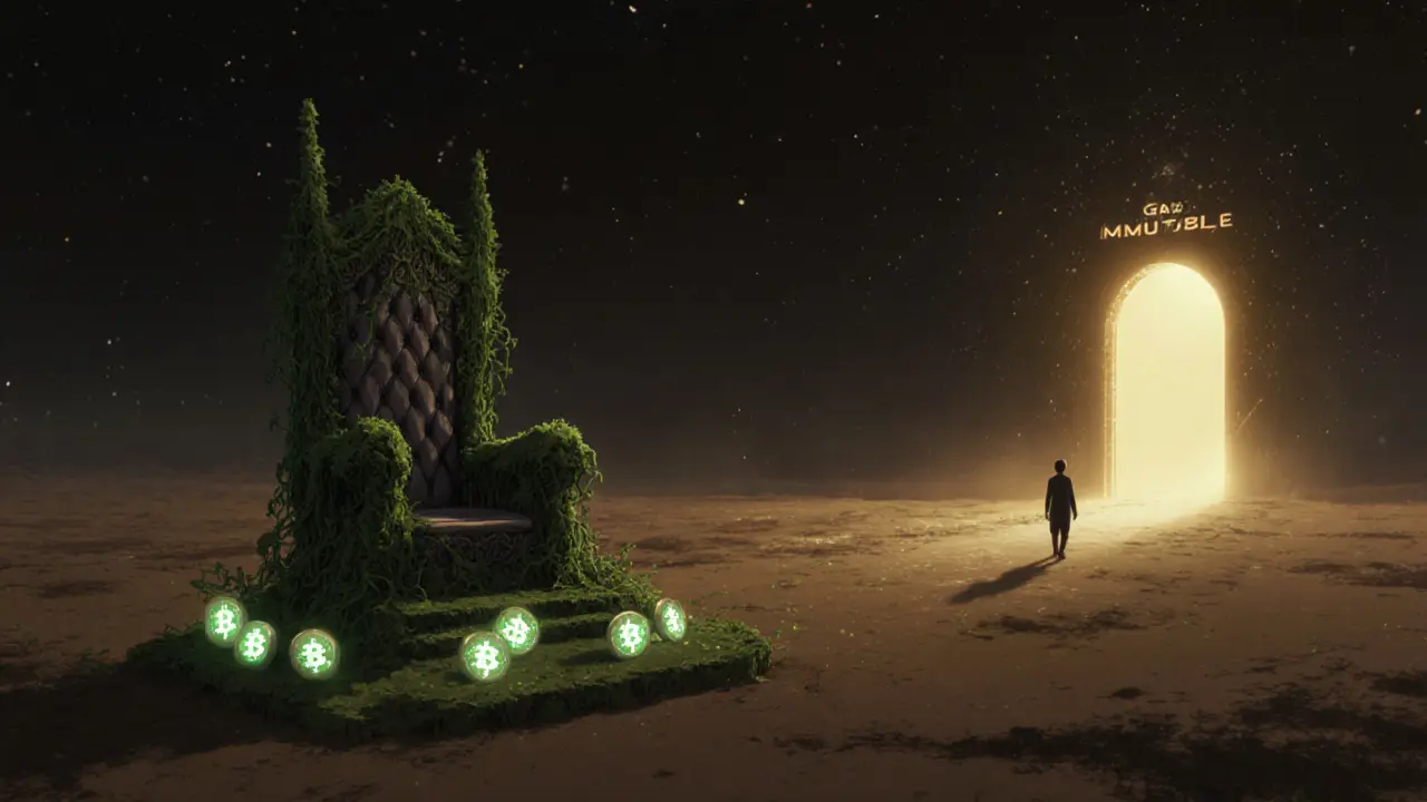 A lonely throne floating in darkness with only a few THN tokens remaining, as a figure walks toward better projects.