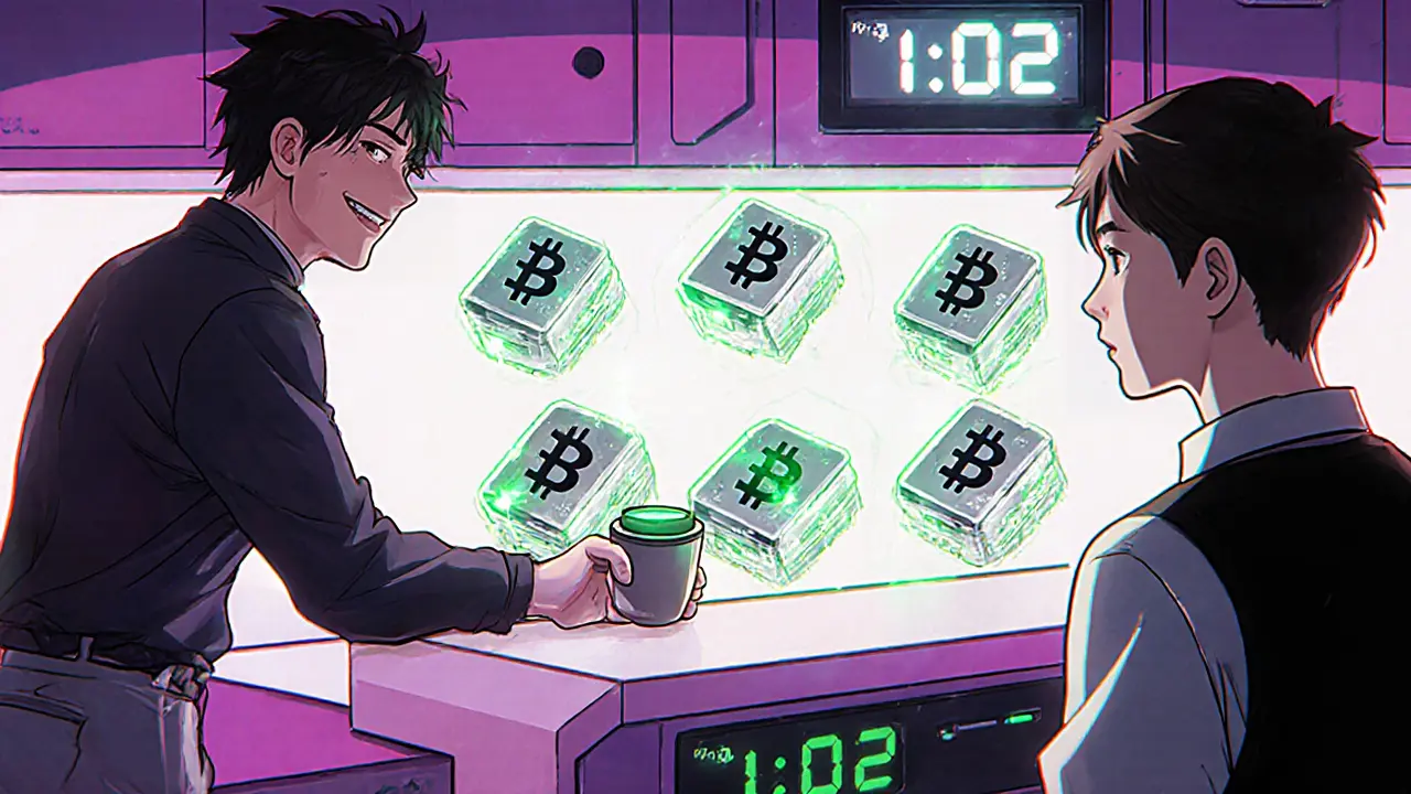 A merchant gives coffee to a customer as six blockchain blocks lock securely around a transaction.