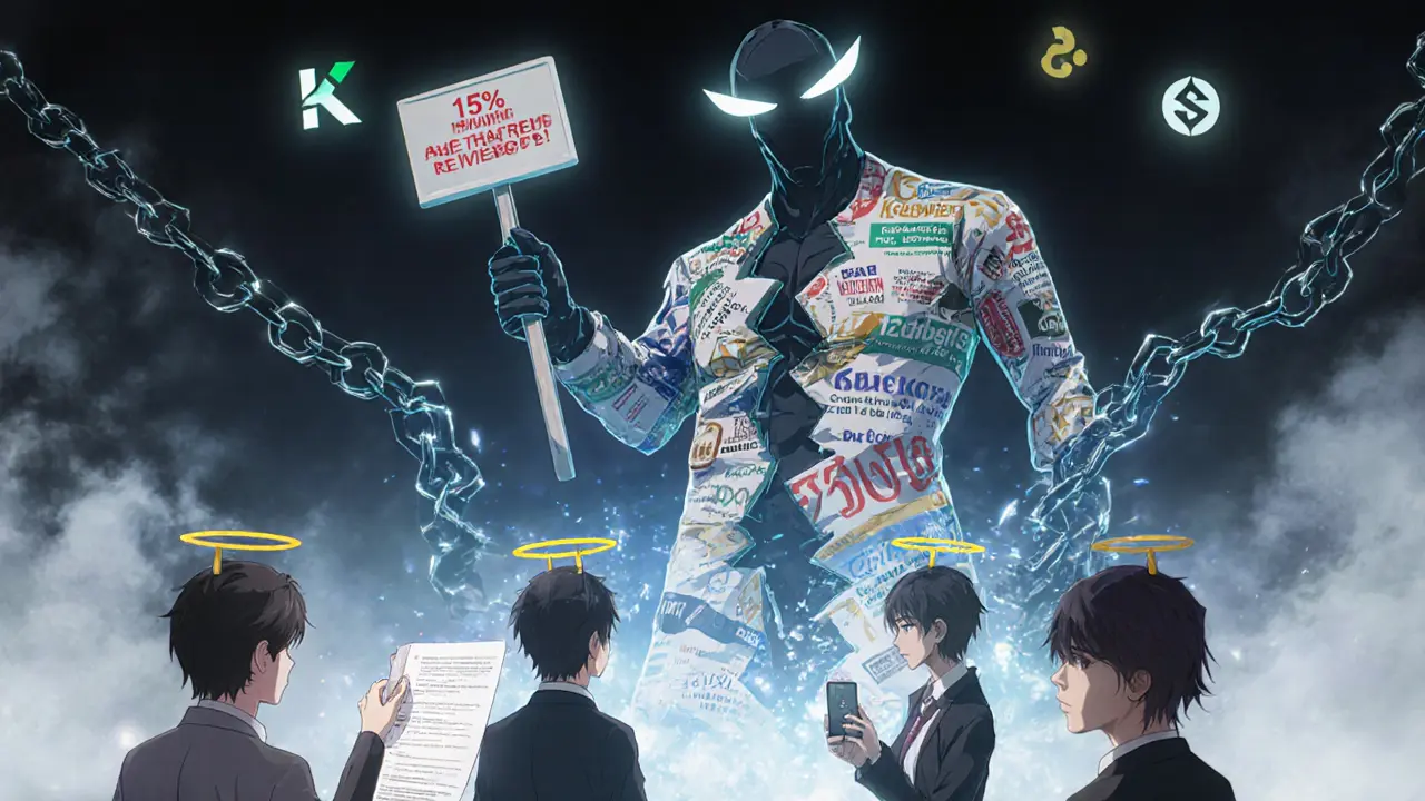 A monster made of scam ads breaking a blockchain, while users report it and real exchanges shine as beacons of safety.