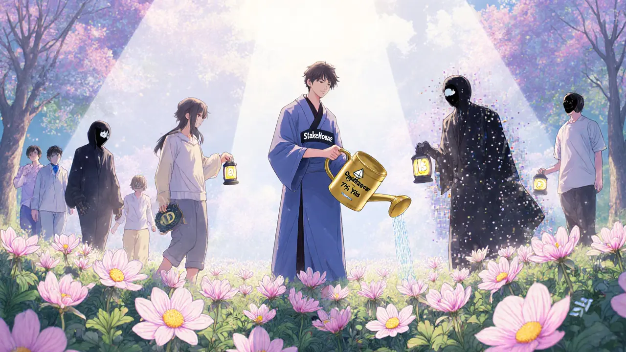 A peaceful garden of validator flowers blooming with SHB tokens under OpenSaver&#039;s golden yield.