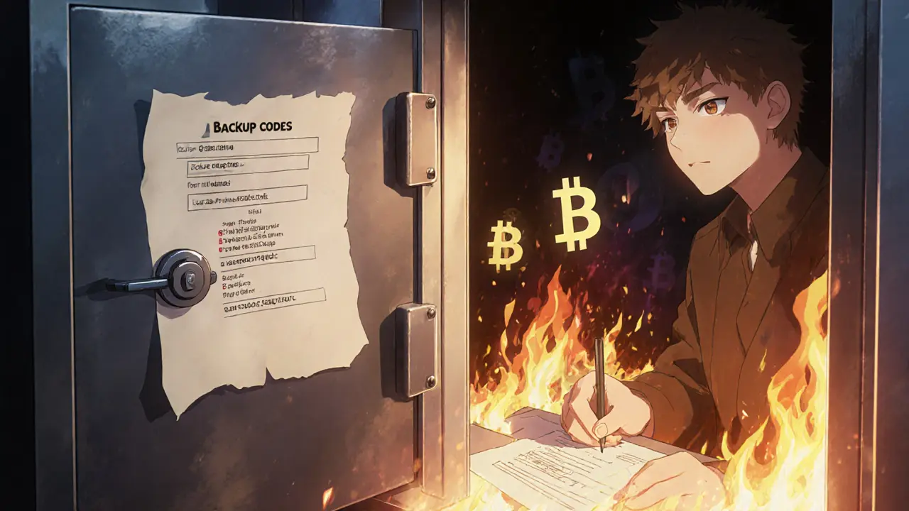 A person safely storing backup codes in a fireproof safe, with dual future visions.