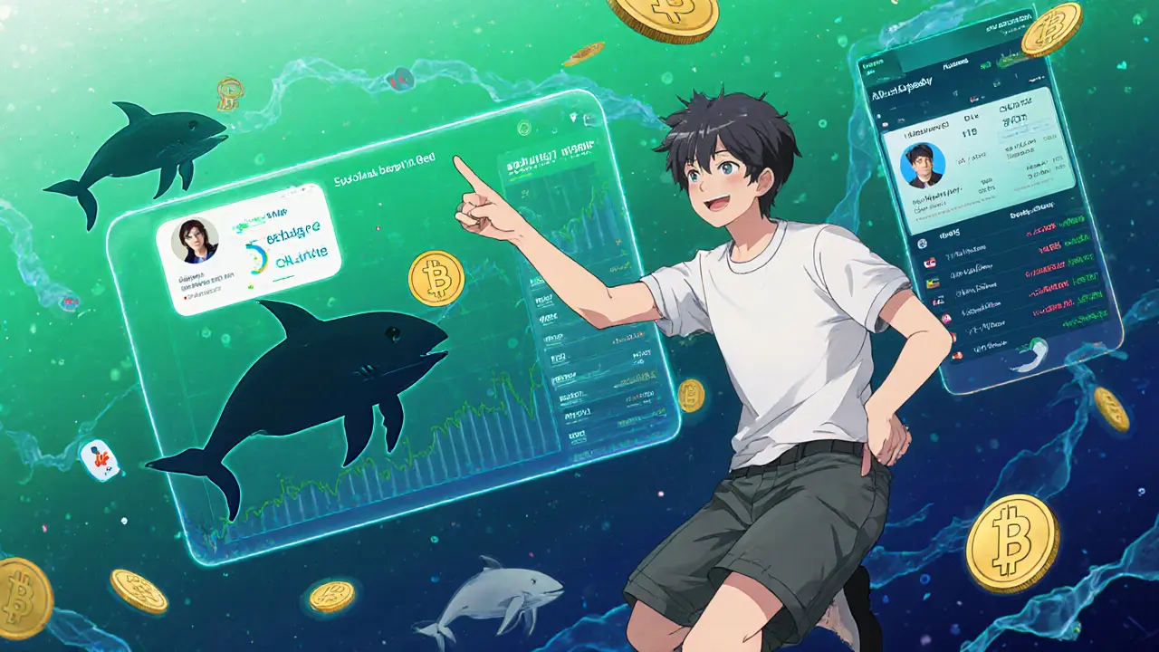 A real-time market dashboard showing whale movements and AI alerts, with a user pointing at a Bitcoin buying signal in anime style.