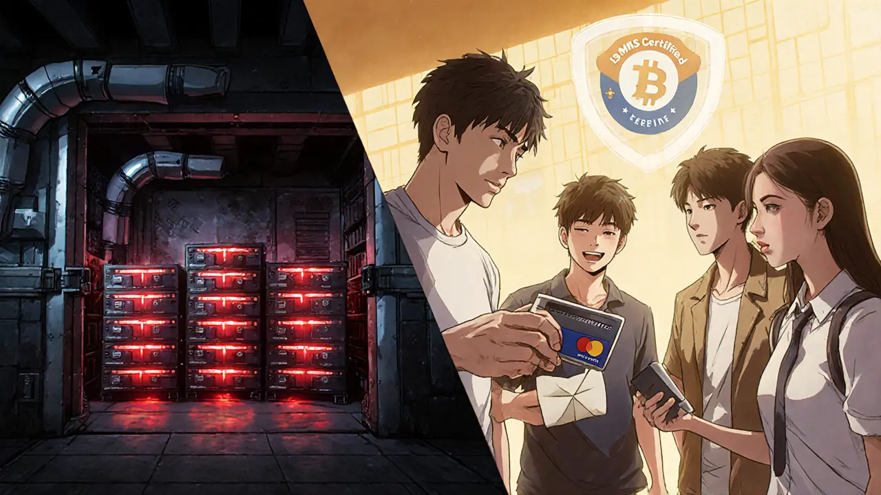 A secure cold wallet vault and diverse users receiving crypto via ATMs and cards under a protective shield.