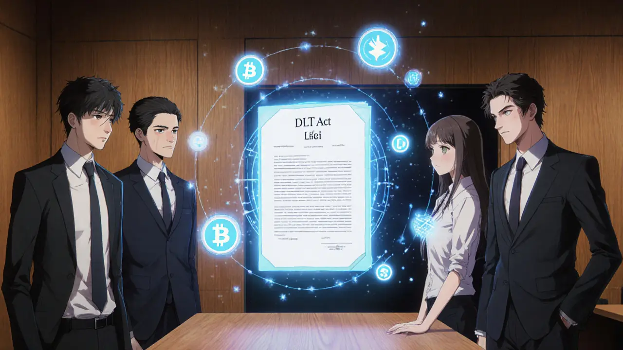A team of anime-style professionals studying a glowing holographic blockchain legal document.
