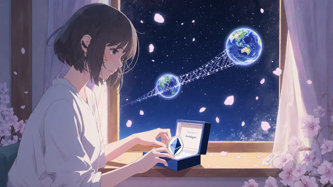 A teen places a hardware wallet in a box as Layer-2 networks shine like bridges of light in the night sky outside.