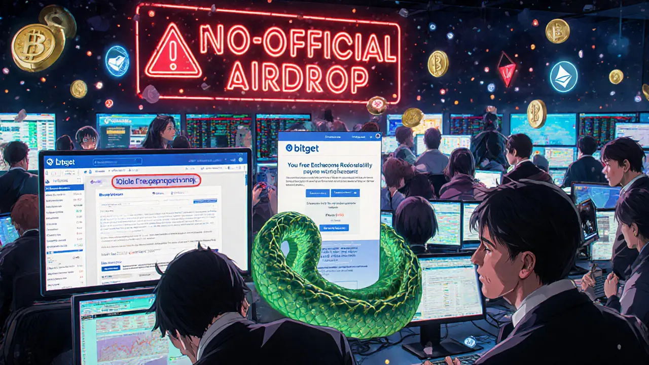 A trader clicking a phishing link while fake THN airdrop pop-ups glow around them in a neon-lit room.