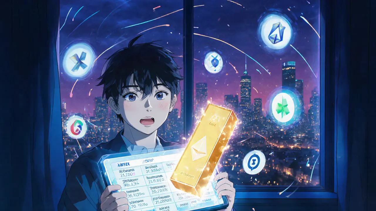 A trader in a neon room watches a golden bar appear from a hologram while DeFi icons swirl around.