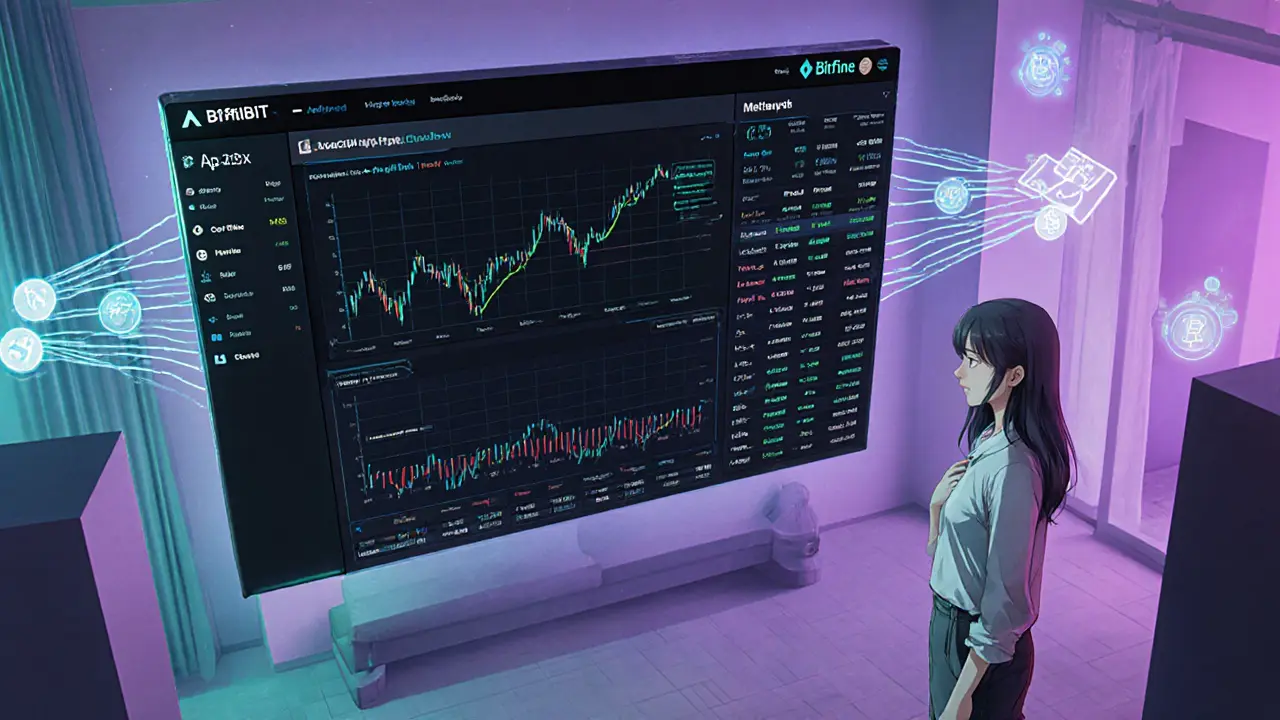 A trading interface showing APROBIT and Bitfinex order books connected with glowing light networks.