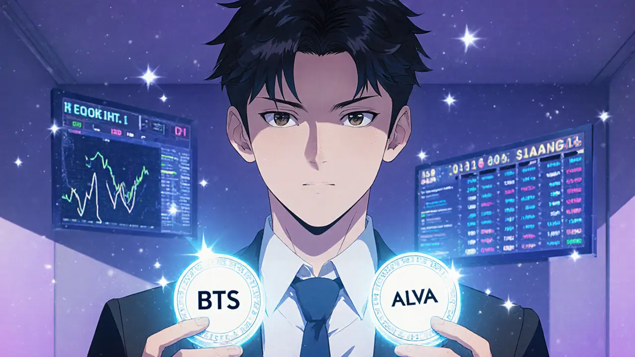 A young creator holding BTS and ALVA tokens surrounded by floating investment basket data.