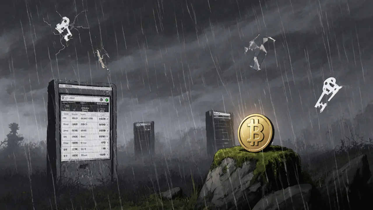 An abandoned digital farm with broken game interfaces and a lone forgotten wallet in the rain.