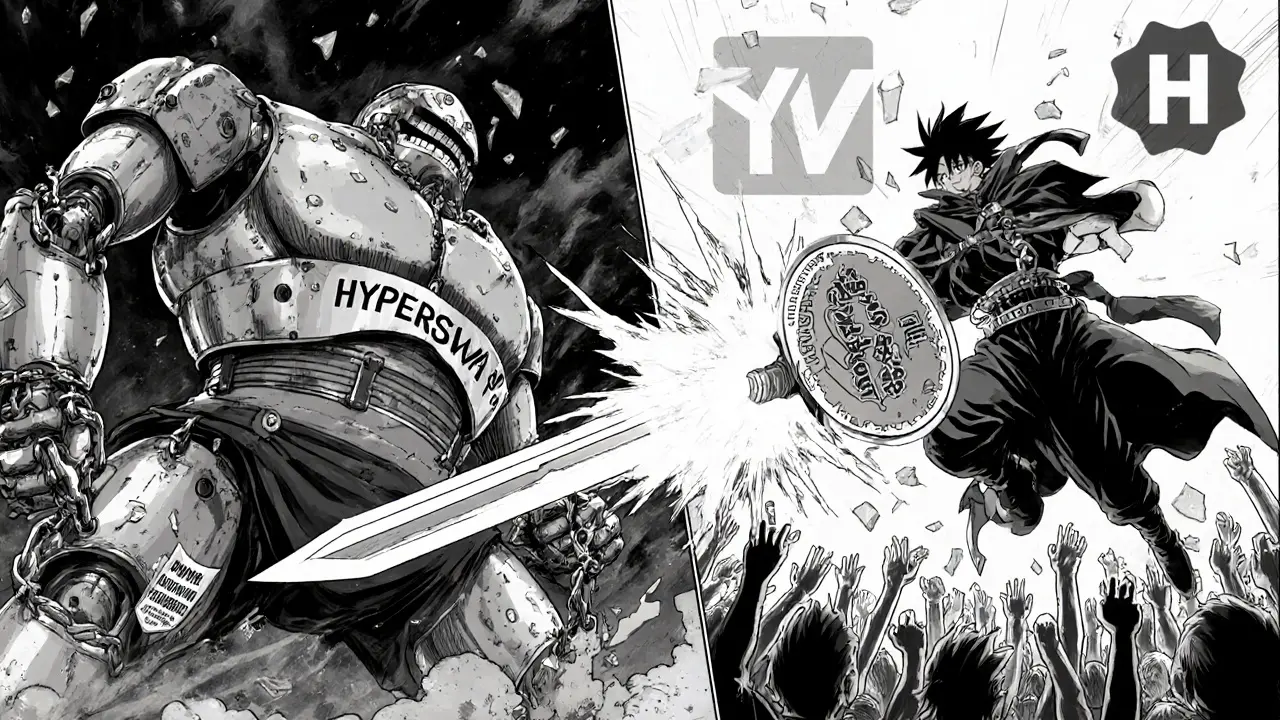 Anime battle scene: HyperSwap warrior defeats outdated exchange robot with $SWAP sword while users celebrate.