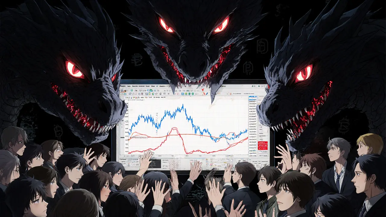 Desperate anime investors reaching toward a zero-volume trading screen while massive wallets loom above.