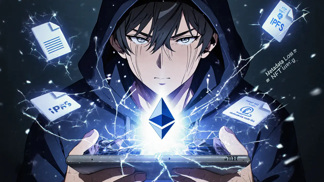 Developer staring at a glowing NFT token ID as metadata links break and reform into IPFS.