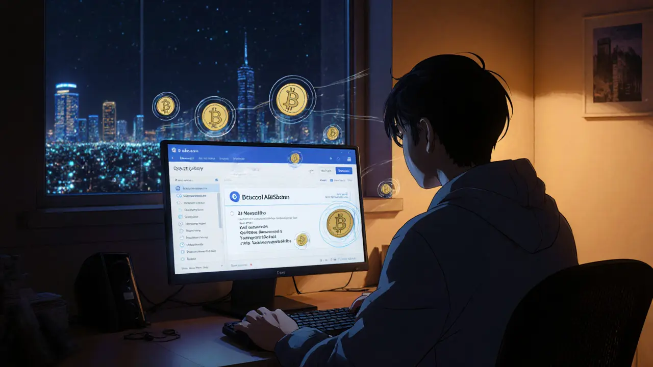 Developer watching QBT airdrop transaction on screen with glowing tokens floating nearby.