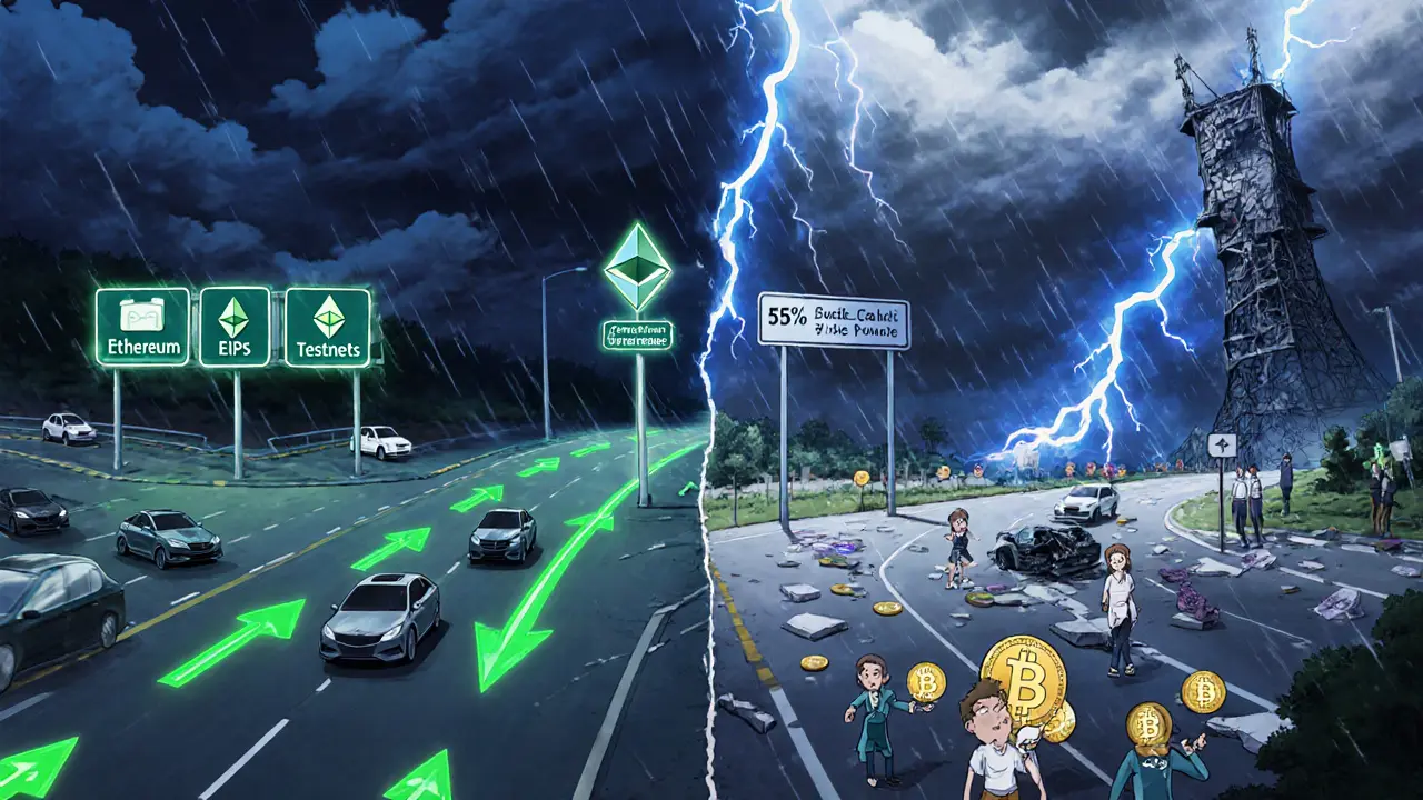 Digital highway splitting into smooth green traffic flow versus broken, stormy chaos with crashed cars.