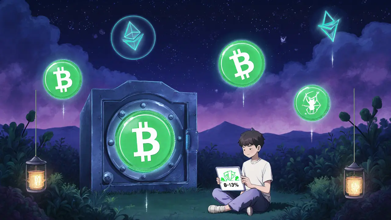 eBTC tokens float like lanterns in a digital garden as a user monitors yield stats under a starry blockchain sky.