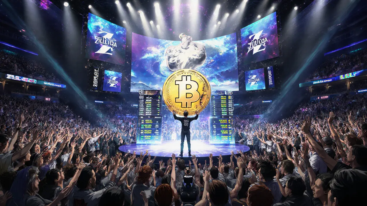 Esports arena with champion holding giant FPS token as holographic rankings glow above.