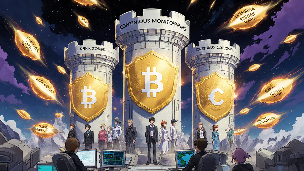 Five glowing pillars of systematic risk management defending against crypto market disasters in anime style.