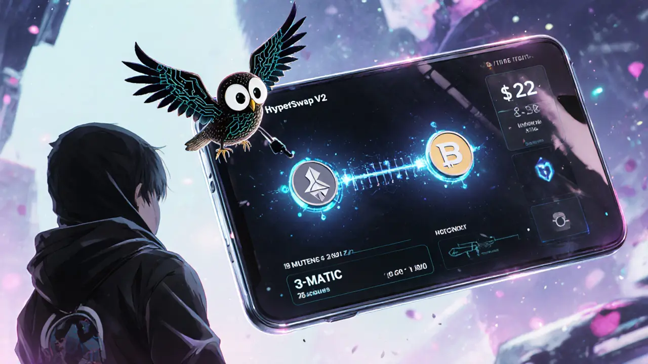 Floating smartphone showing HyperSwap v2 interface with an owl mascot and transaction details in cyberpunk anime style.