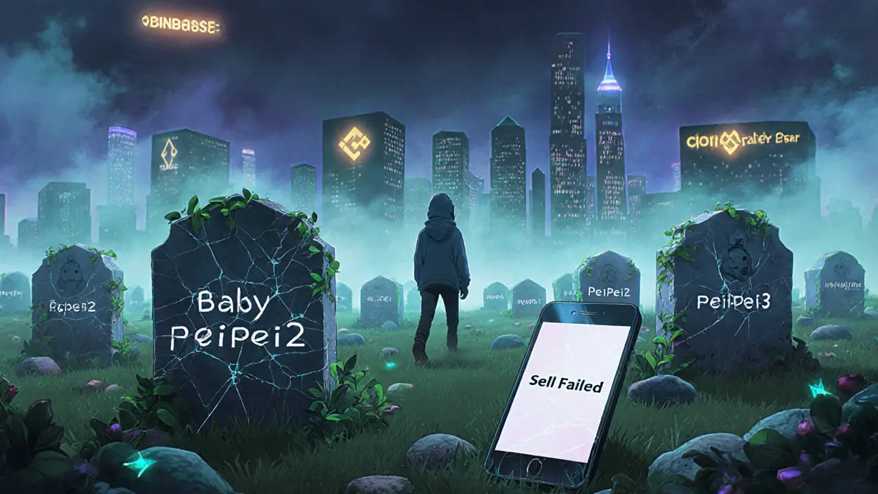 Graveyard of failed meme coins in a neon wasteland, with a lone figure walking away into the fog.