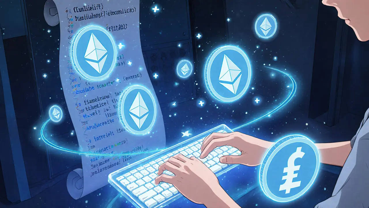 Hands typing as SHB tokens orbit with ETH rewards, surrounded by audited smart contract code.
