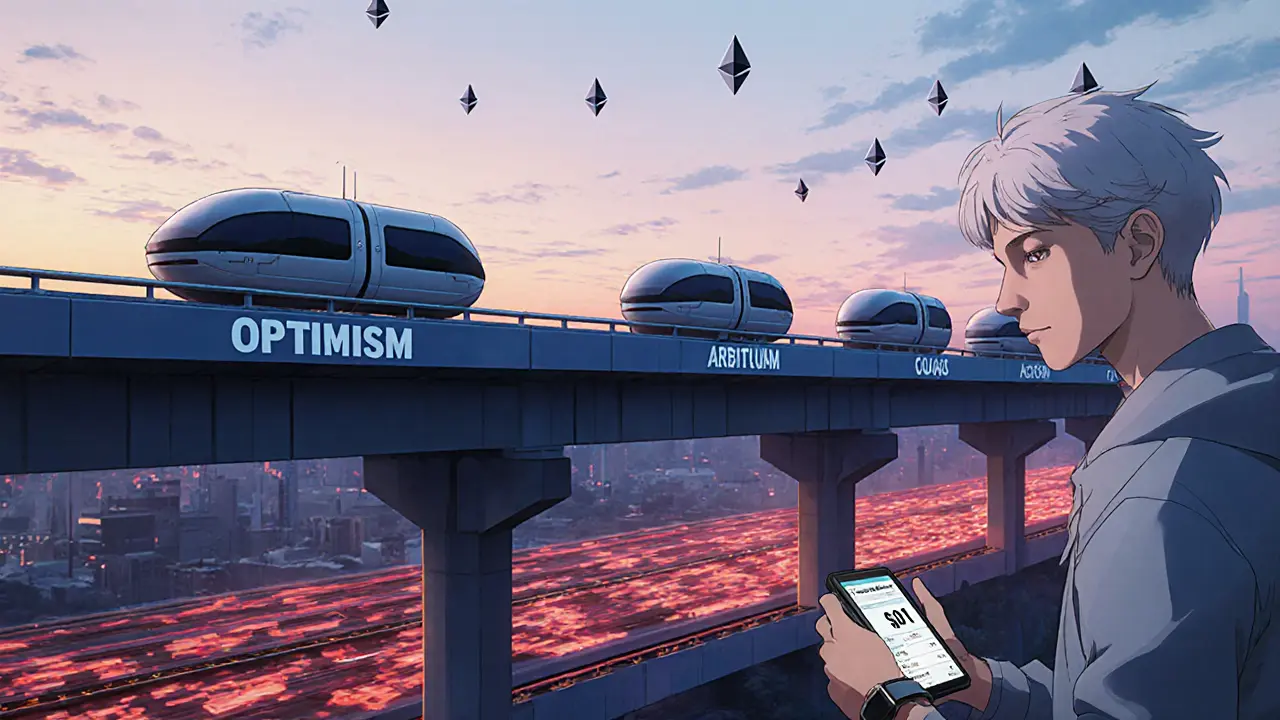 Layer-2 transaction pods gliding peacefully under a congested Ethereum chain at dawn.