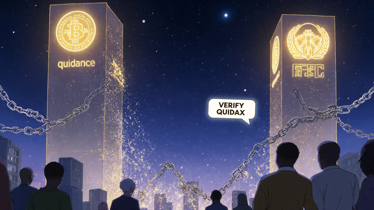 Licensed crypto platforms standing strong as unlicensed ones crumble, with SEC licenses glowing in the sky.