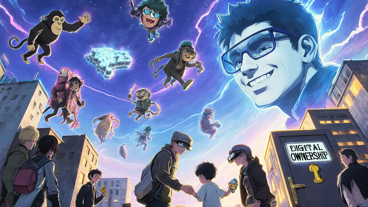 NFT spirits flying over a cyberpunk city, with people verifying ownership through AR glasses.