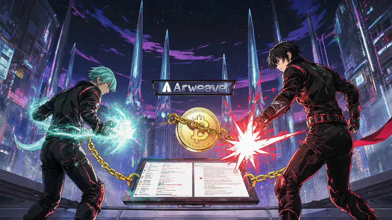 Node operators competing to verify blockchain data, with tokens and slashing warnings glowing in a futuristic arena.