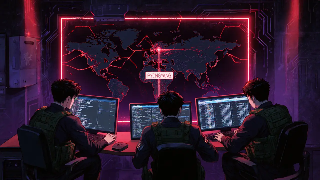 North Korean hackers in a secret bunker laundering crypto through digital mixers on multiple screens.