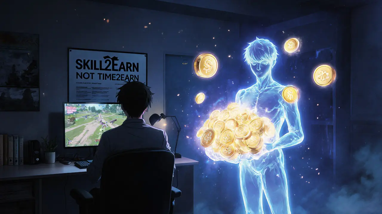 Player at desk with anime spirit holding FPS tokens, surrounded by skill-based reward icons.