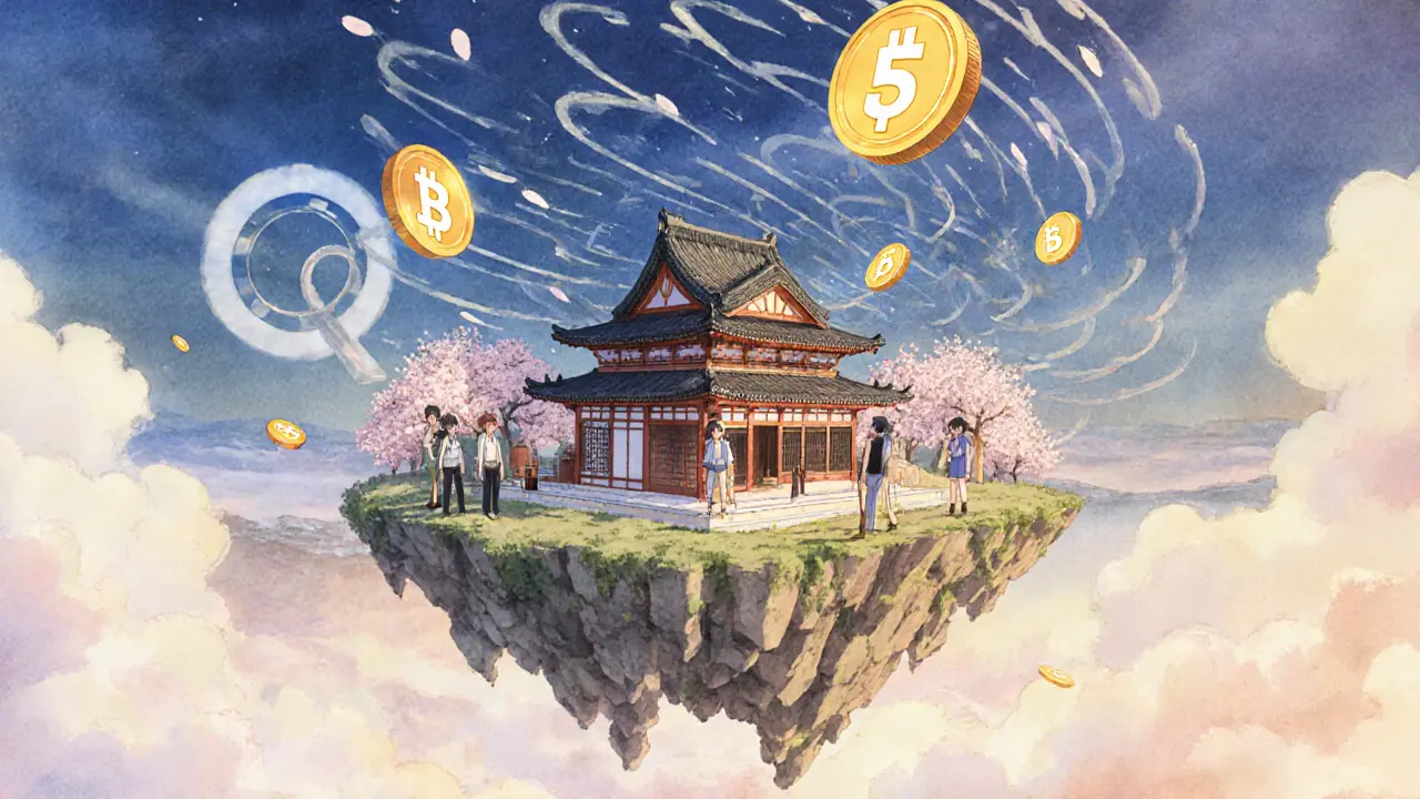 Qubit Protocol lending platform as a floating temple with QBT tokens spiraling like cherry blossoms.