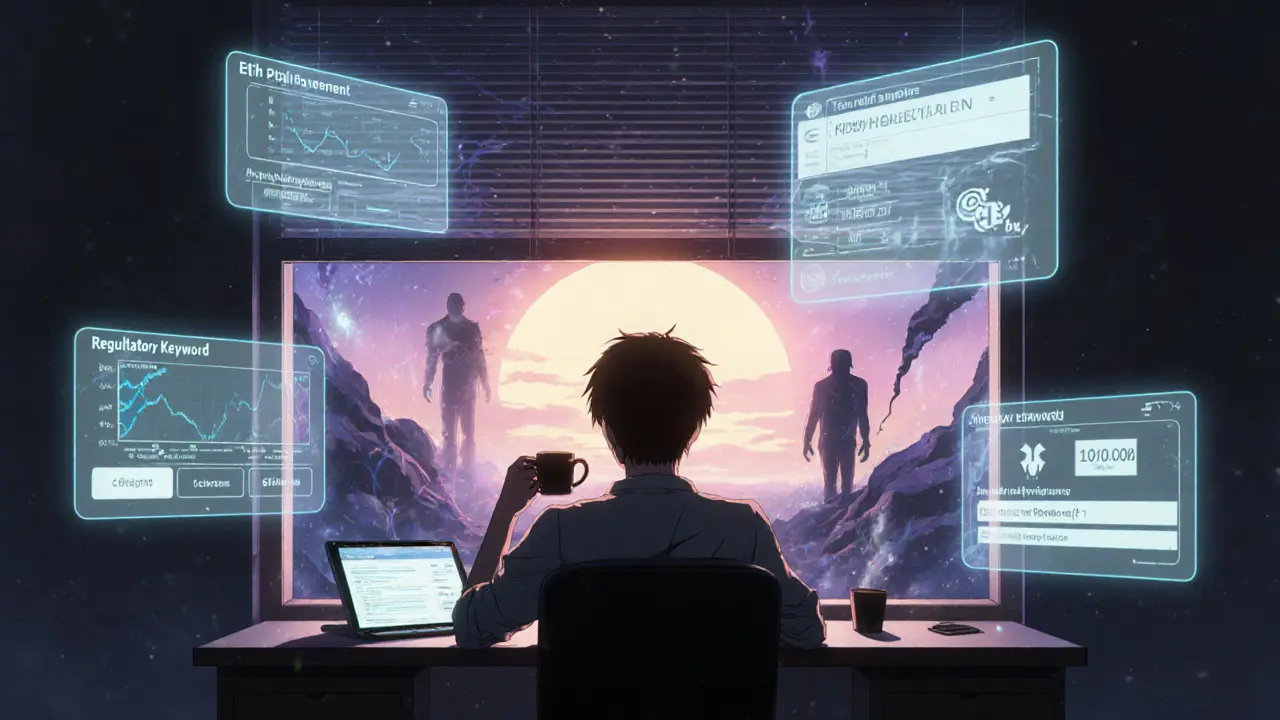 Solo developer calmly managing risk alerts at night, sunrise breaking as failed projects fade away.