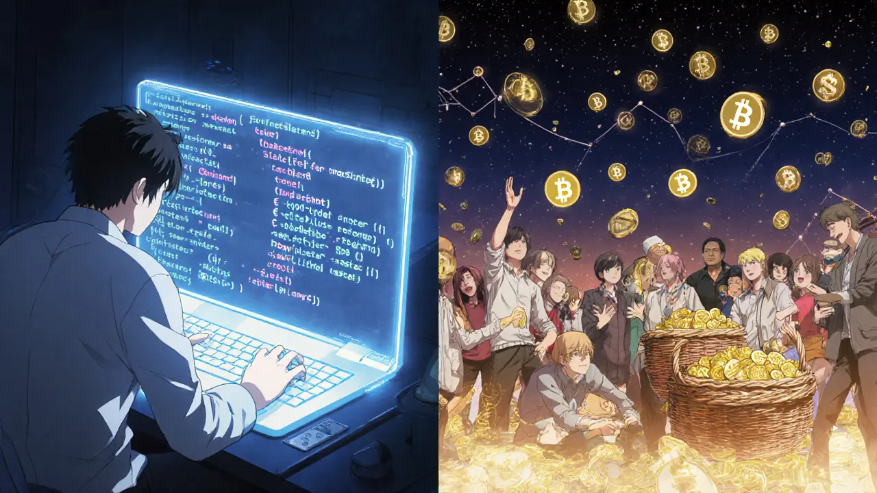 Split scene: developer coding ERC-7621 on left, community contributing to baskets on right with fee icons.