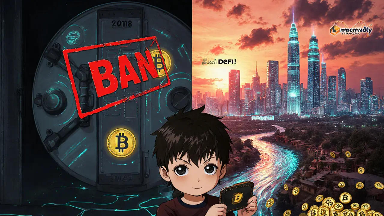 Split scene showing Pakistan&#039;s shift from crypto ban in 2018 to thriving adoption in 2025 with digital coins flowing across the nation.