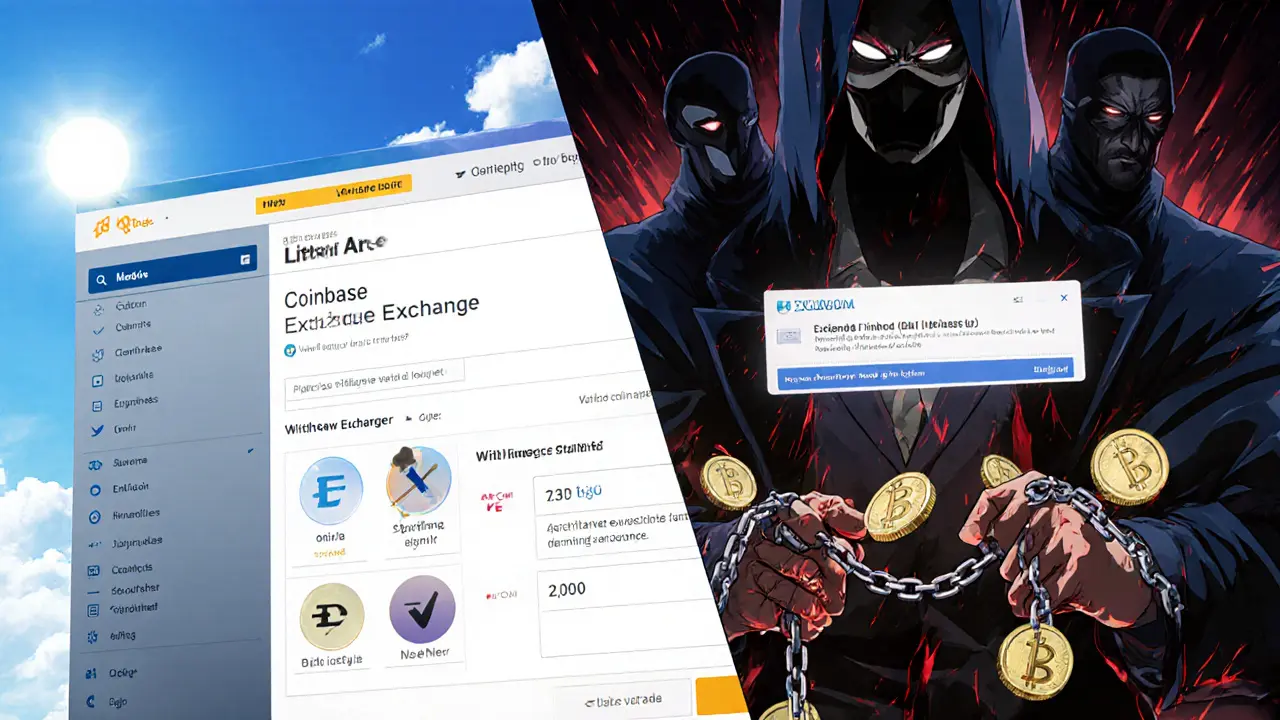 Split-screen: trustworthy exchange vs. sinister scam site, one calm and verified, the other chaotic and menacing.