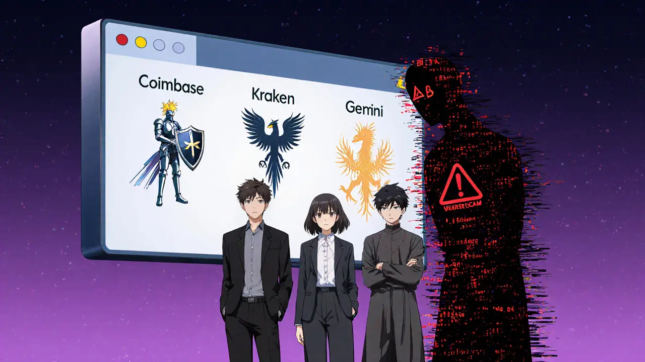 Three traders face floating exchange logos guarded by symbolic spirits, while a glitching scam figure lurks behind them.