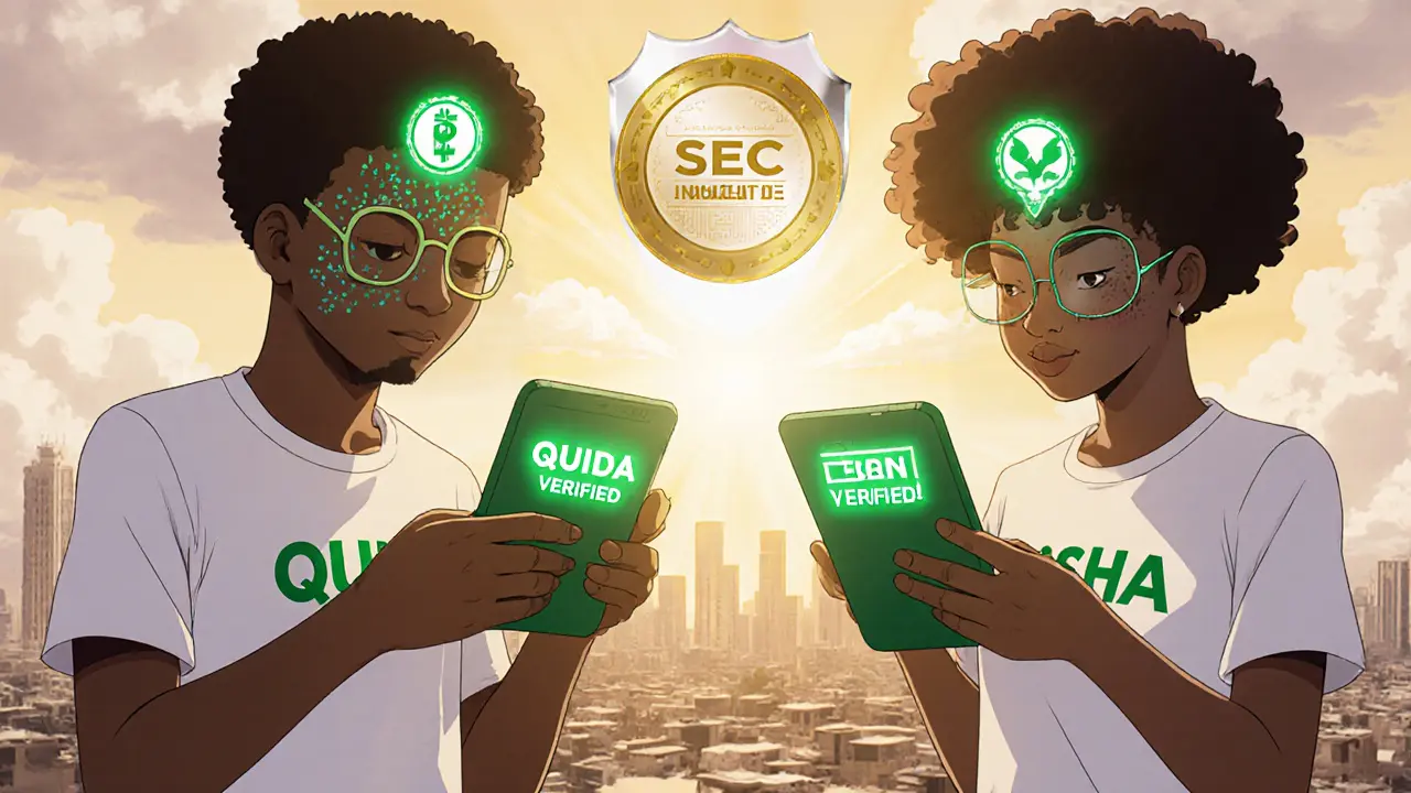 Users securely depositing Naira into licensed exchanges Quidax and Busha with glowing verification badges.