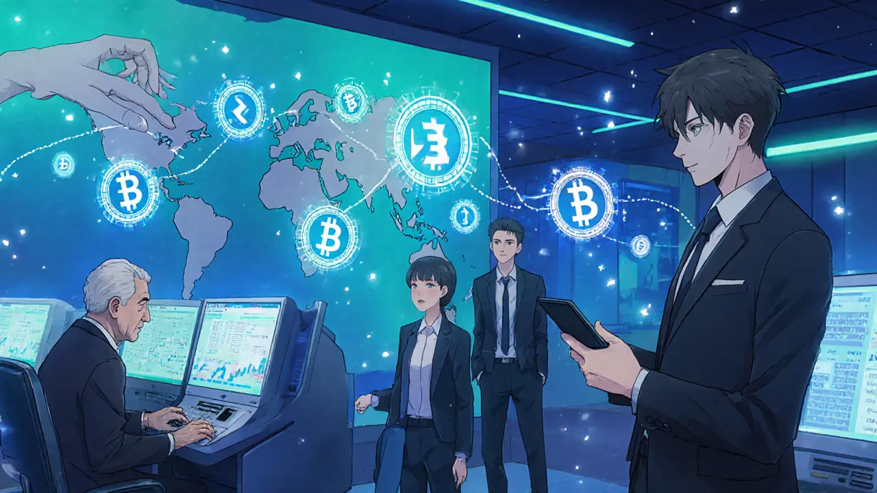 Users trading stablecoins in a modern crypto exchange with holographic charts and PVARA officers verifying identities.